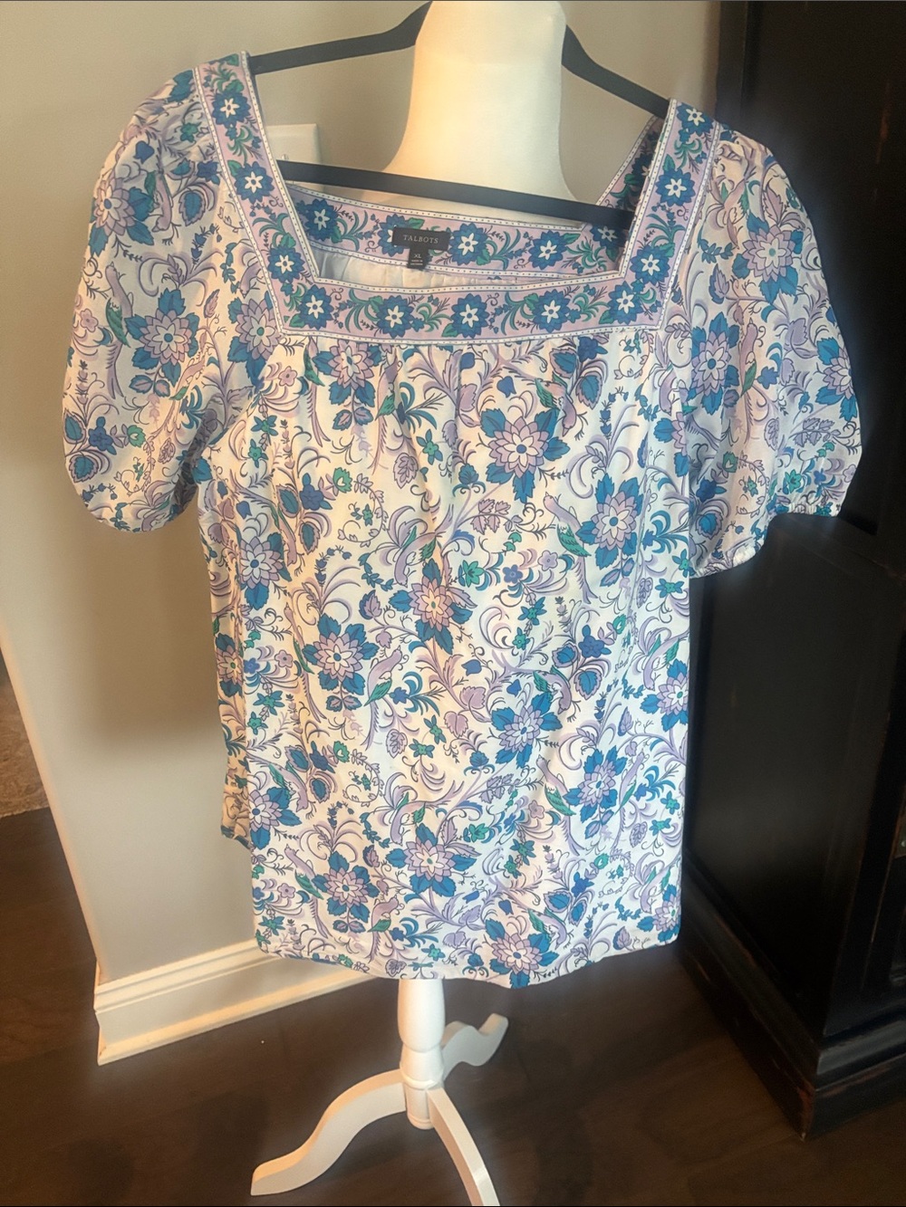 Talbots Lavender & Blue Floral Square-Neck Puff Sleeve Blouse